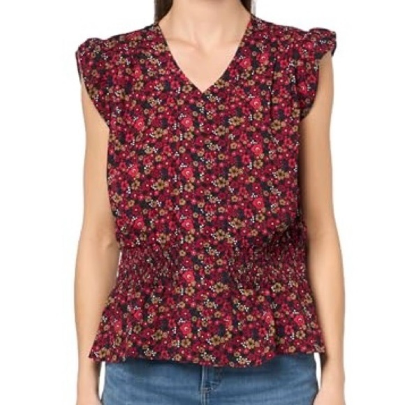 Tommy Hilfiger Cap Sleeve Smocked Waist Blouse Red Navy XL - Picture 1 of 7